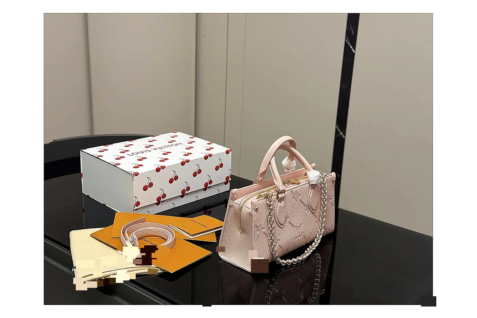 Louis Vuitton Mini Top Handle Pink spreadsheet record photo showing pink leather mini bag body, structured top handle, compact luxury shape, and clean hardware details