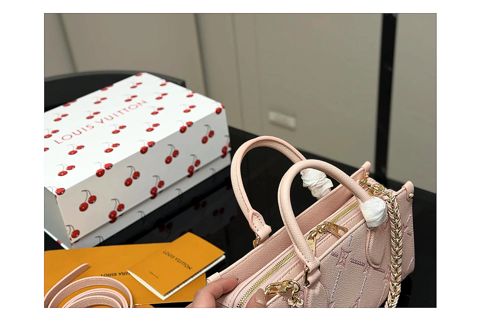 Louis Vuitton Mini Top Handle Pink spreadsheet record photo showing pink leather mini bag body, structured top handle, compact luxury shape, and clean hardware details thumbnail 2