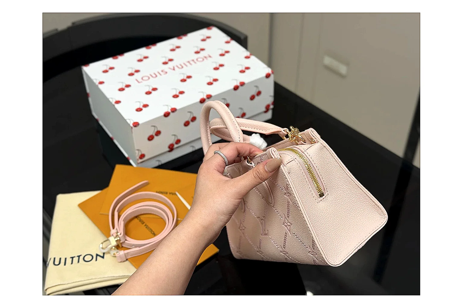 Louis Vuitton Mini Top Handle Pink spreadsheet record photo showing pink leather mini bag body, structured top handle, compact luxury shape, and clean hardware details thumbnail 5