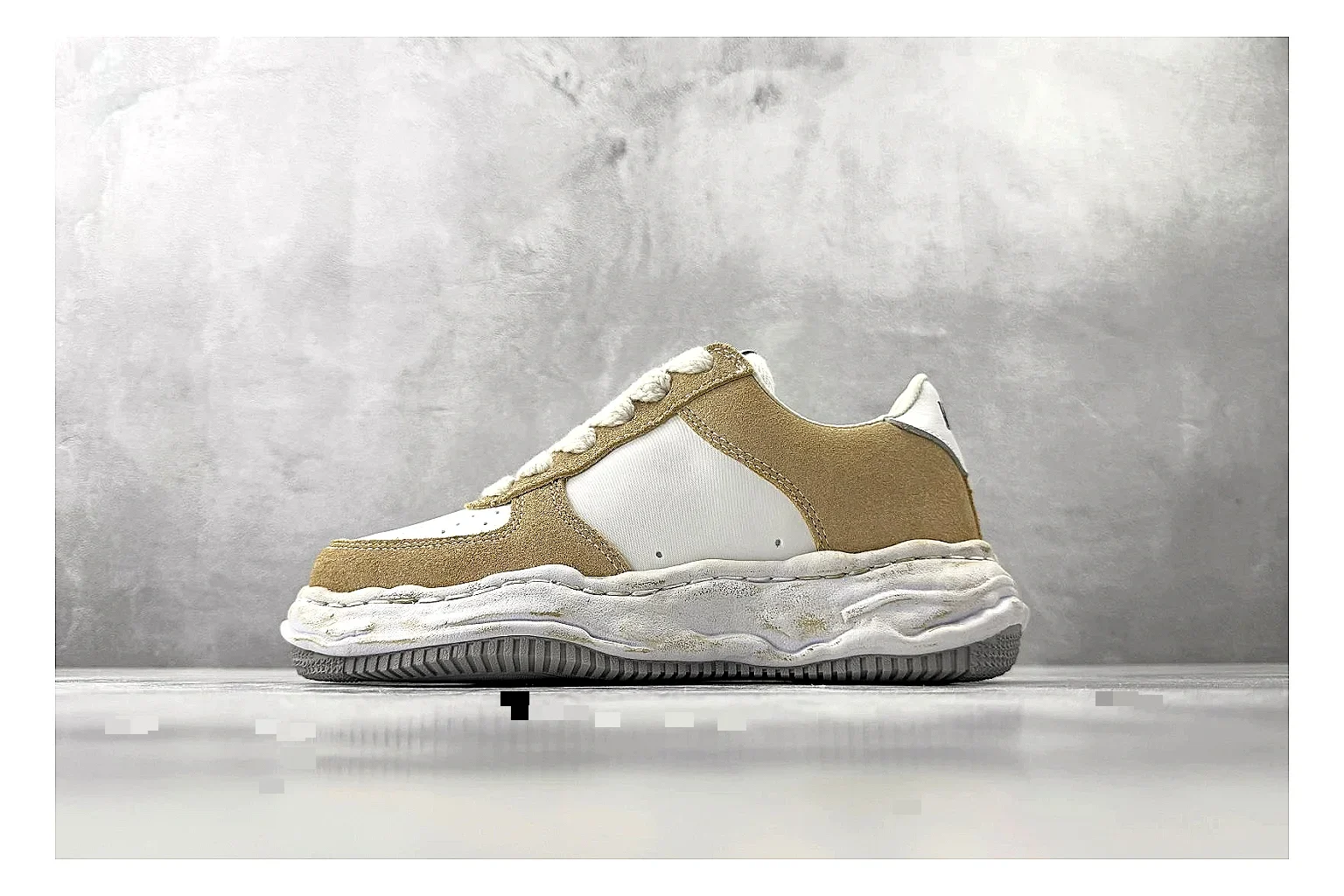 Maison Mihara Yasuhiro Blakey Beige Distressed spreadsheet record photo showing beige distressed canvas upper, warped sculpted white sole, low lace profile, and intentionally worn texture