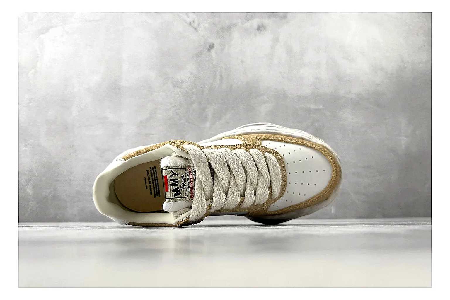 Maison Mihara Yasuhiro Blakey Beige Distressed spreadsheet record photo showing beige distressed canvas upper, warped sculpted white sole, low lace profile, and intentionally worn texture thumbnail 2