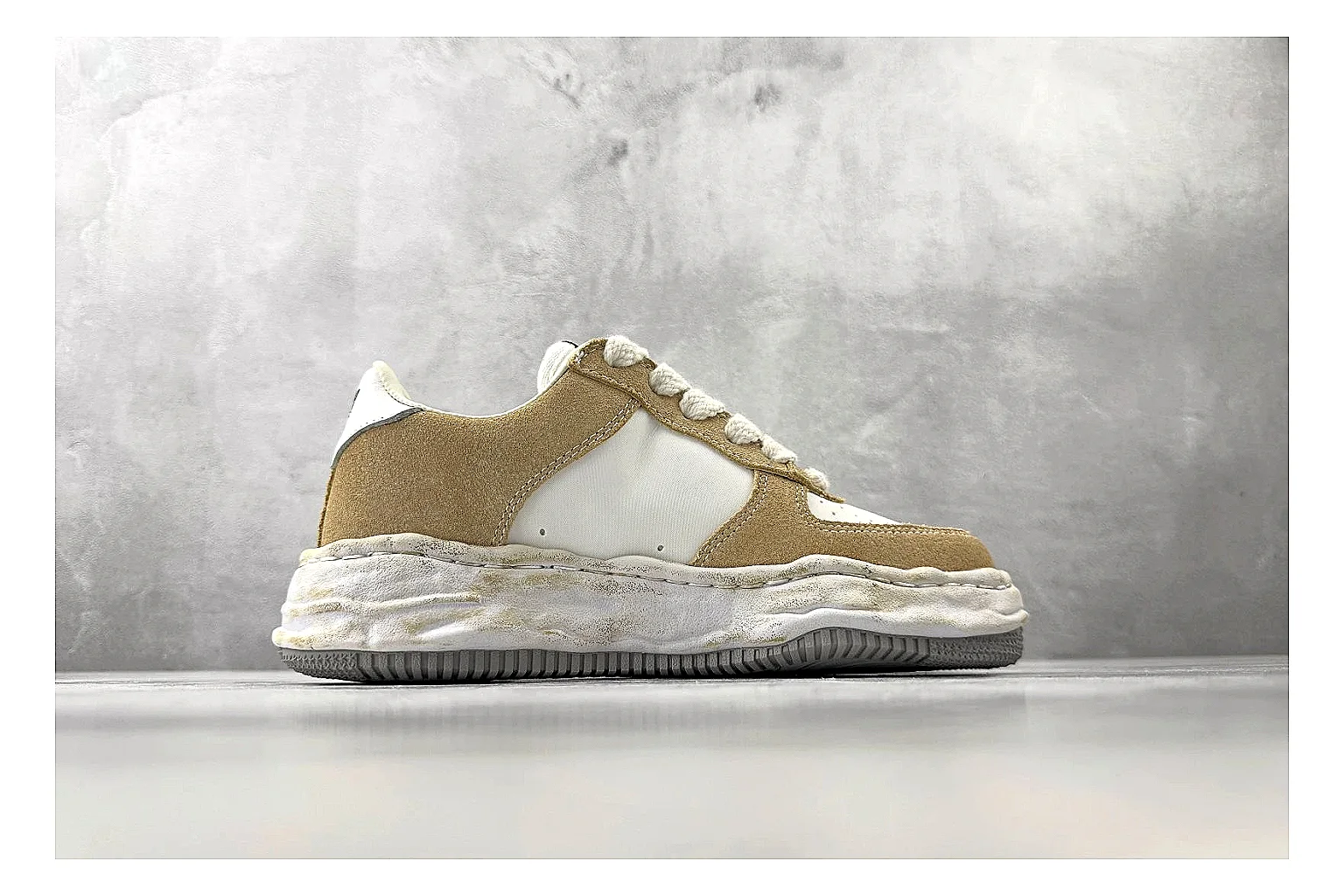 Maison Mihara Yasuhiro Blakey Beige Distressed spreadsheet record photo showing beige distressed canvas upper, warped sculpted white sole, low lace profile, and intentionally worn texture thumbnail 6