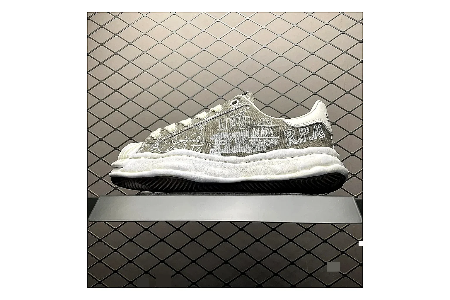 Maison Mihara Yasuhiro Blakey Grey Sheetbase record image with white grey blakey distressed low-top with canvas upper and low top shape