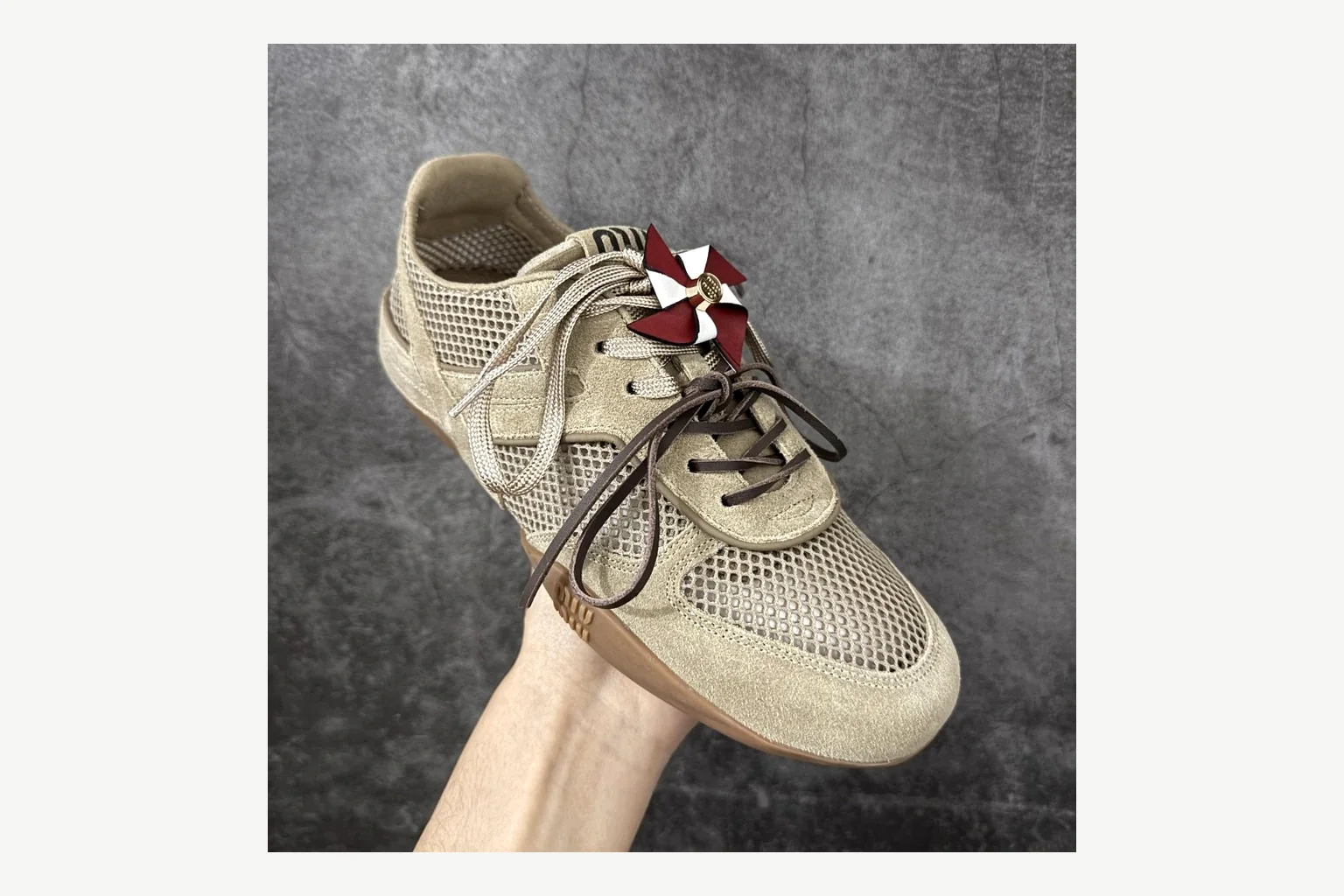 Miu Miu Beige Logo Sneaker Sheetbase record image with beige logo low-top with mixed-material upper and low-profile shape thumbnail 2