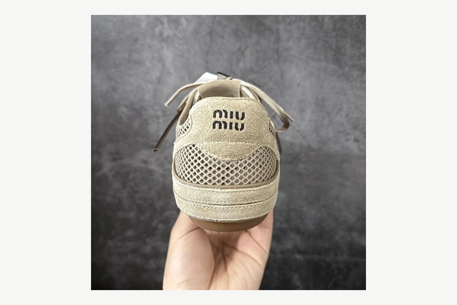 Miu Miu Beige Logo Sneaker Sheetbase record image with beige logo low-top with mixed-material upper and low-profile shape thumbnail 3