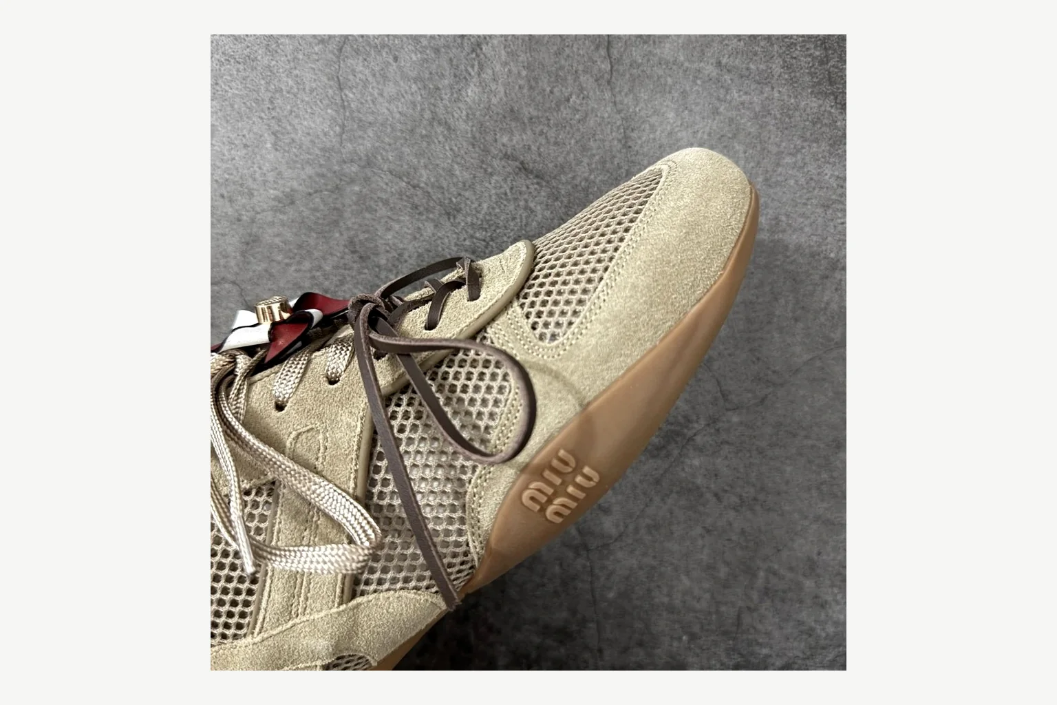 Miu Miu Beige Logo Sneaker Sheetbase record image with beige logo low-top with mixed-material upper and low-profile shape thumbnail 5
