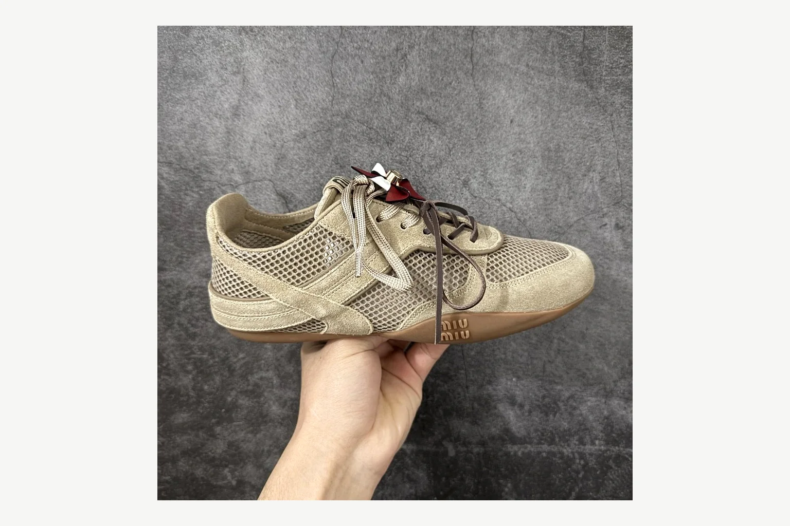 Miu Miu Beige Logo Sneaker Sheetbase record image with beige logo low-top with mixed-material upper and low-profile shape thumbnail 6