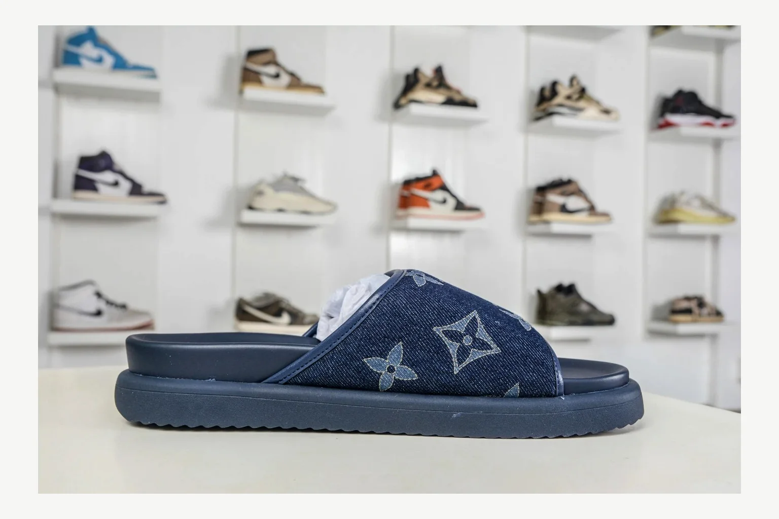 Miu Miu Navy Denim Slide Sheetbase record image with navy denim denim slide with denim upper and low-profile shape thumbnail 2