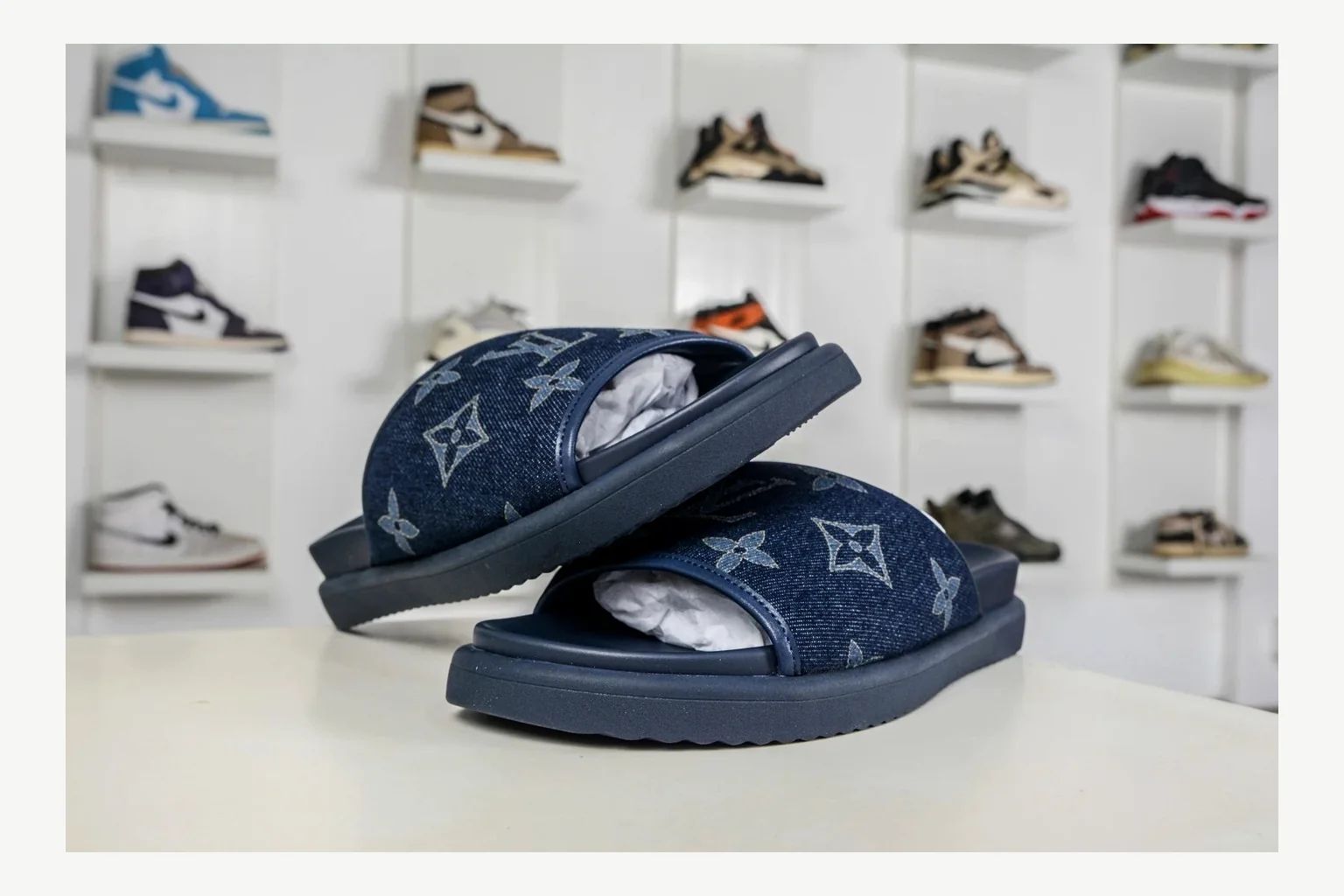 Miu Miu Navy Denim Slide Sheetbase record image with navy denim denim slide with denim upper and low-profile shape thumbnail 3
