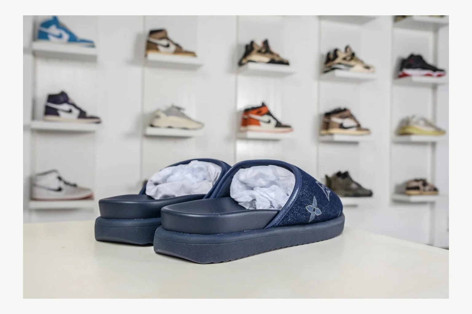 Miu Miu Navy Denim Slide Sheetbase record image with navy denim denim slide with denim upper and low-profile shape thumbnail 5