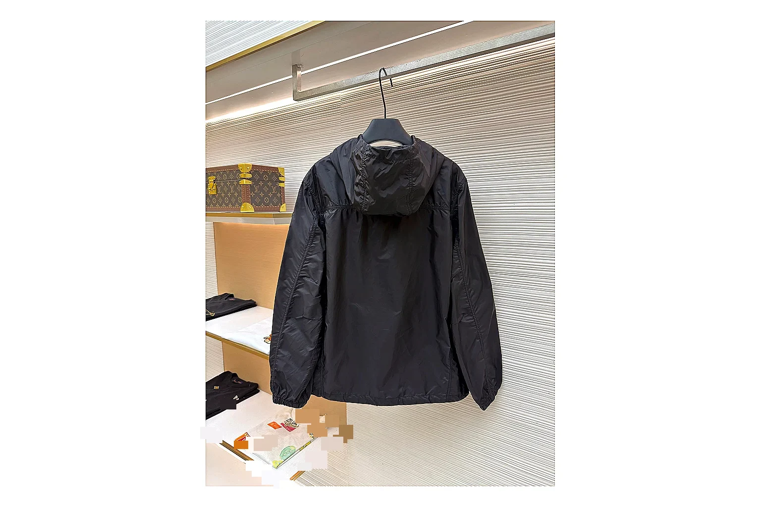 Moncler Nylon Hooded Jacket Black Jacket spreadsheet record image with black nylon hooded jacket with nylon texture, hood structure, zipper line, sleeve cuffs, and light shell shape