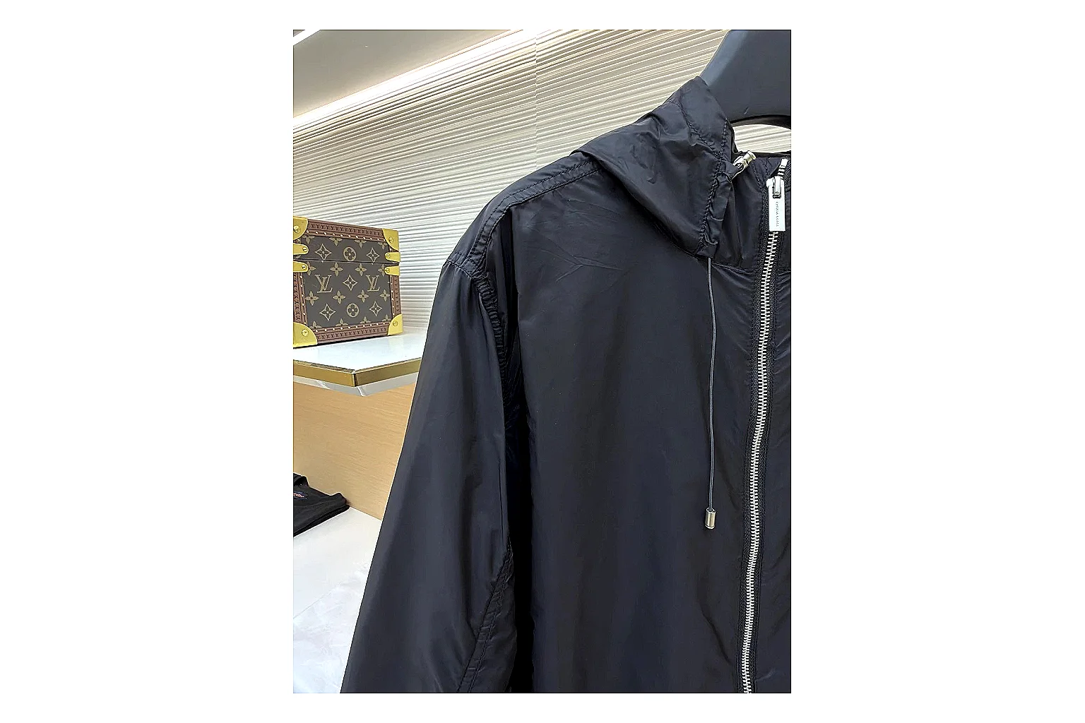 Moncler Nylon Hooded Jacket Black Jacket spreadsheet record image with black nylon hooded jacket with nylon texture, hood structure, zipper line, sleeve cuffs, and light shell shape thumbnail 3