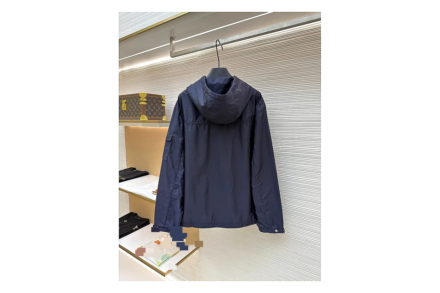 Moncler Nylon Hooded Jacket Navy Jacket spreadsheet record image with navy nylon hooded jacket with nylon texture, hood structure, zipper line, sleeve cuffs, and light shell shape