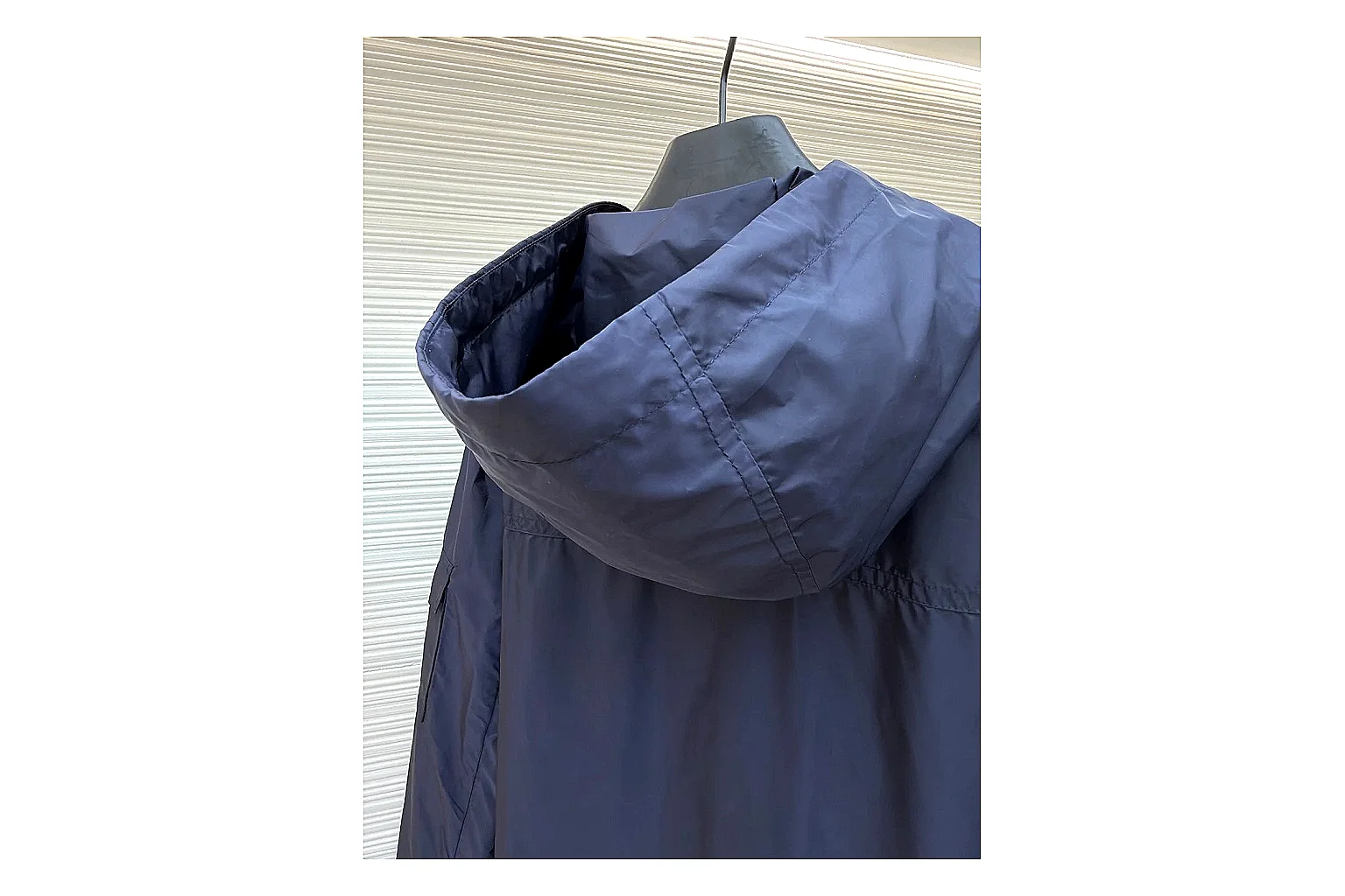 Moncler Nylon Hooded Jacket Navy Jacket spreadsheet record image with navy nylon hooded jacket with nylon texture, hood structure, zipper line, sleeve cuffs, and light shell shape