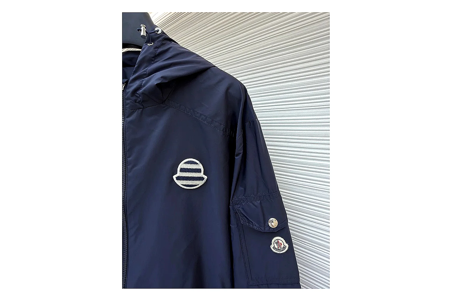 Moncler Nylon Hooded Jacket Navy Jacket spreadsheet record image with navy nylon hooded jacket with nylon texture, hood structure, zipper line, sleeve cuffs, and light shell shape thumbnail 5