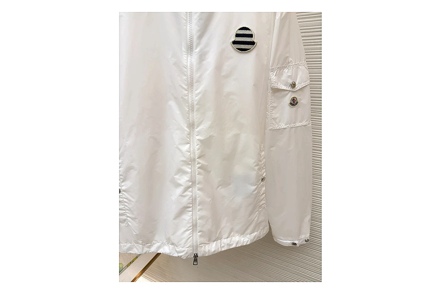 Moncler Nylon Hooded Jacket White Jacket spreadsheet record image with white nylon hooded jacket with nylon texture, hood structure, zipper line, sleeve cuffs, and light shell shape thumbnail 2