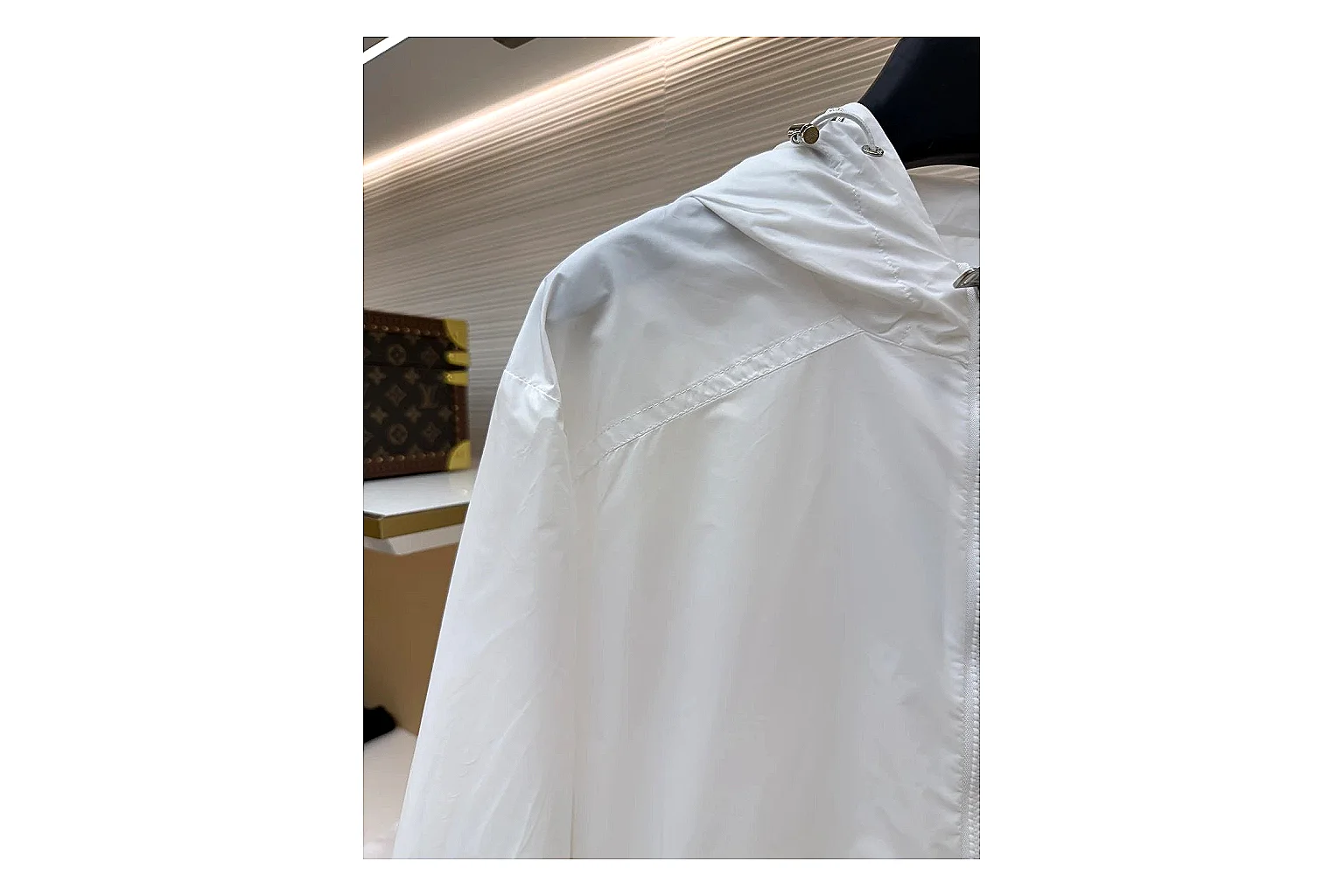 Moncler Nylon Hooded Jacket White Jacket spreadsheet record image with white nylon hooded jacket with nylon texture, hood structure, zipper line, sleeve cuffs, and light shell shape thumbnail 3
