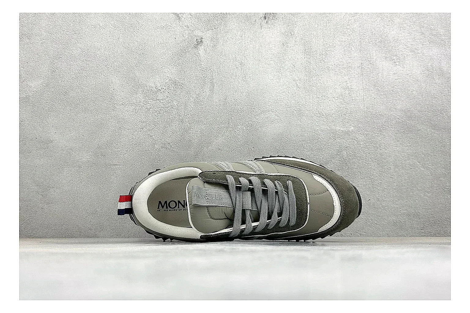 Moncler Pacey Grey Suede spreadsheet record image showing grey suede upper, rugged white outsole, low collar, and soft neutral streetwear tone thumbnail 2