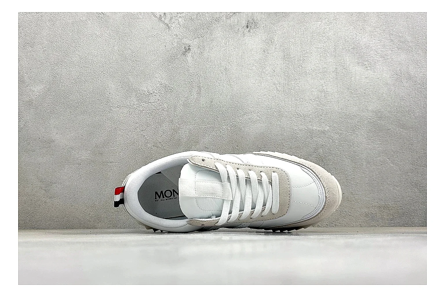 Moncler Pacey White Suede spreadsheet record image showing light suede upper, chunky serrated outsole, low padded collar, and tonal casual build thumbnail 2