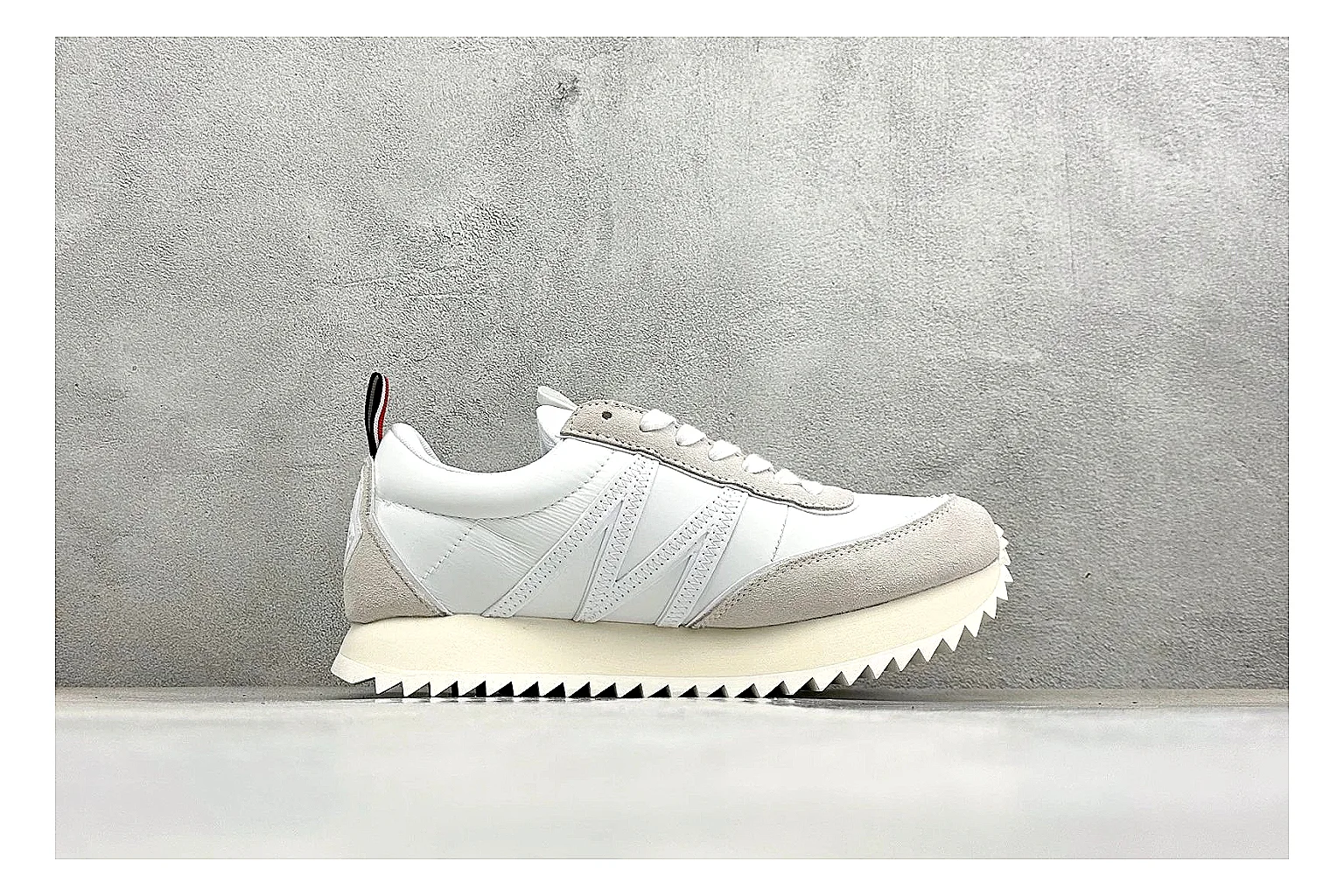 Moncler Pacey White Suede spreadsheet record image showing light suede upper, chunky serrated outsole, low padded collar, and tonal casual build thumbnail 6