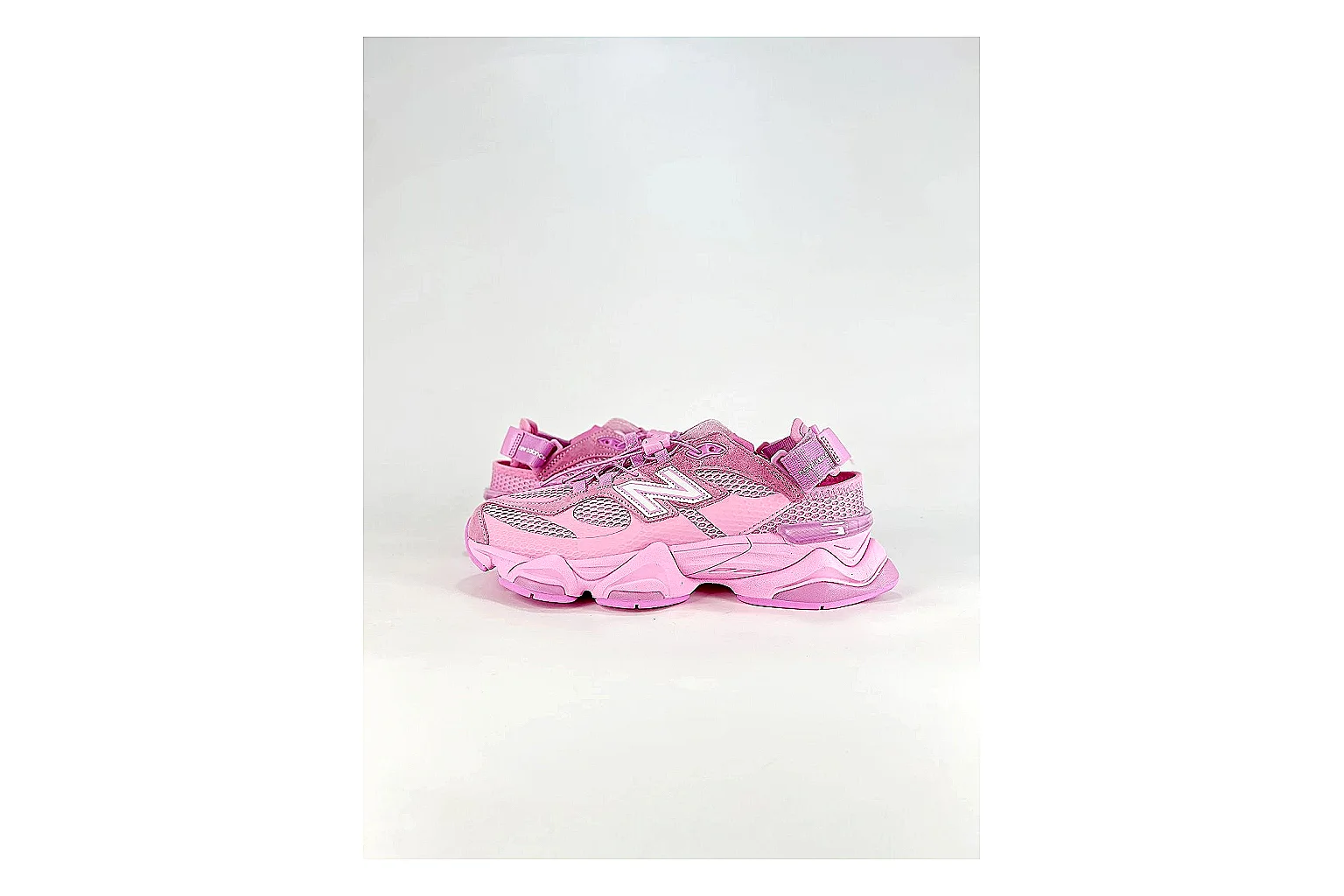 New Balance 9060 Pink Sneakers spreadsheet record image with pink chunky runner sneakers with mesh-leather texture, side-profile shape, upper panel lines, and outsole detail