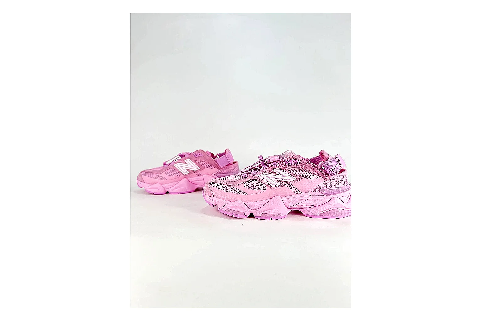 New Balance 9060 Pink Sneakers spreadsheet record image with pink chunky runner sneakers with mesh-leather texture, side-profile shape, upper panel lines, and outsole detail thumbnail 5