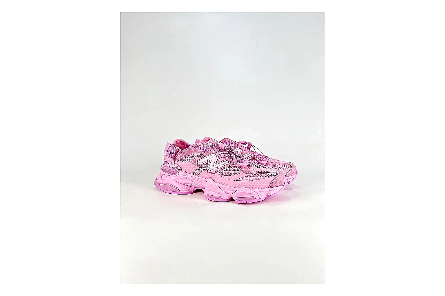New Balance 9060 Pink Sneakers spreadsheet record image with pink chunky runner sneakers with mesh-leather texture, side-profile shape, upper panel lines, and outsole detail thumbnail 6