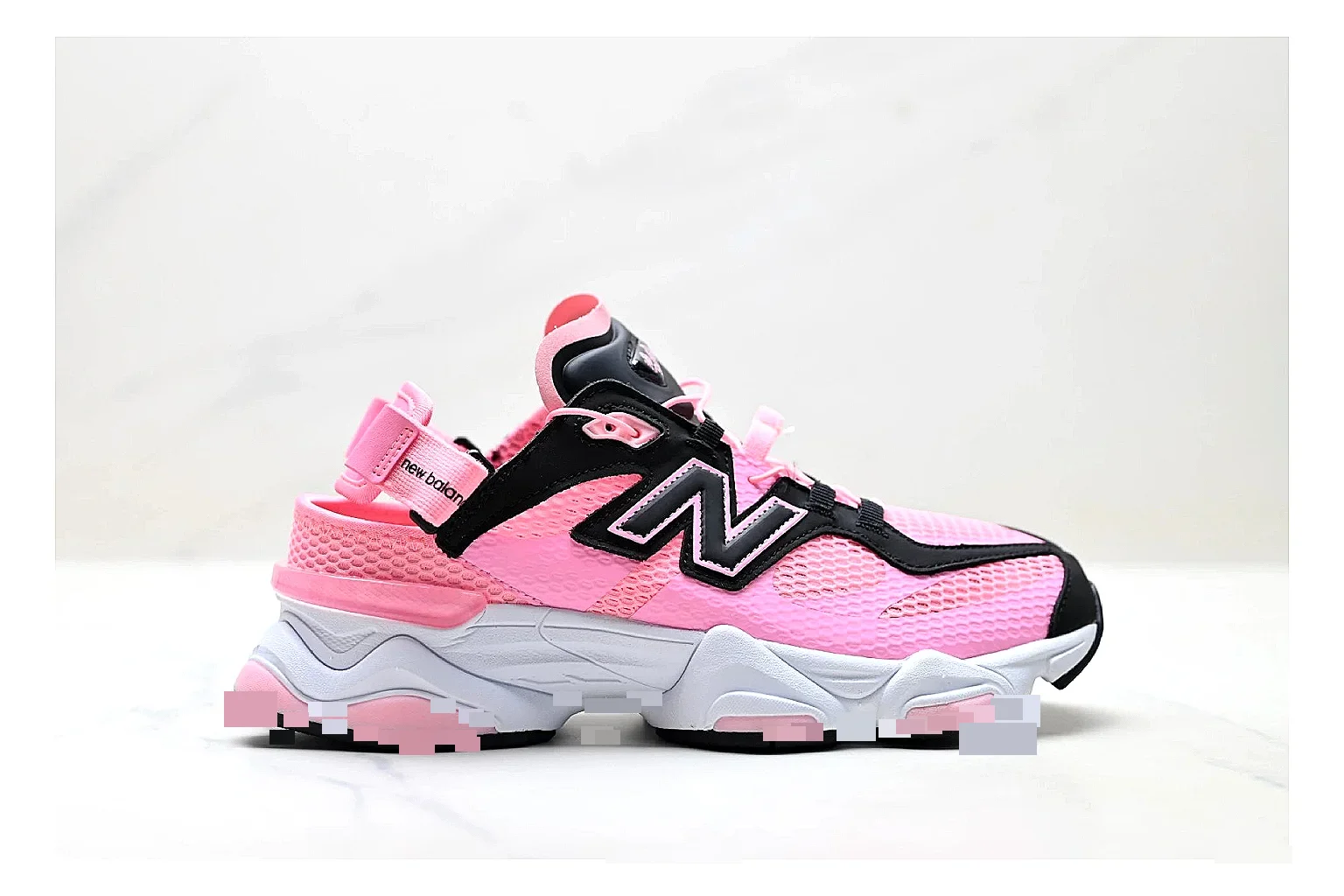 New Balance 9060 Pink Black Sneakers spreadsheet record image with pink black chunky runner sneakers with mesh-leather texture, side-profile shape, upper panel lines, and outsole detail