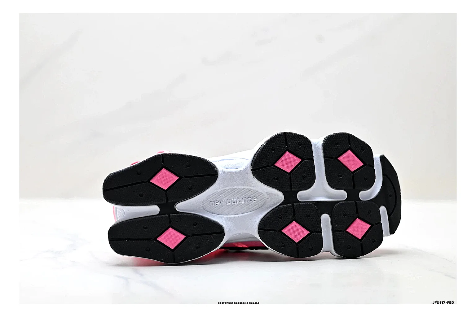 New Balance 9060 Pink Black Sneakers spreadsheet record image with pink black chunky runner sneakers with mesh-leather texture, side-profile shape, upper panel lines, and outsole detail