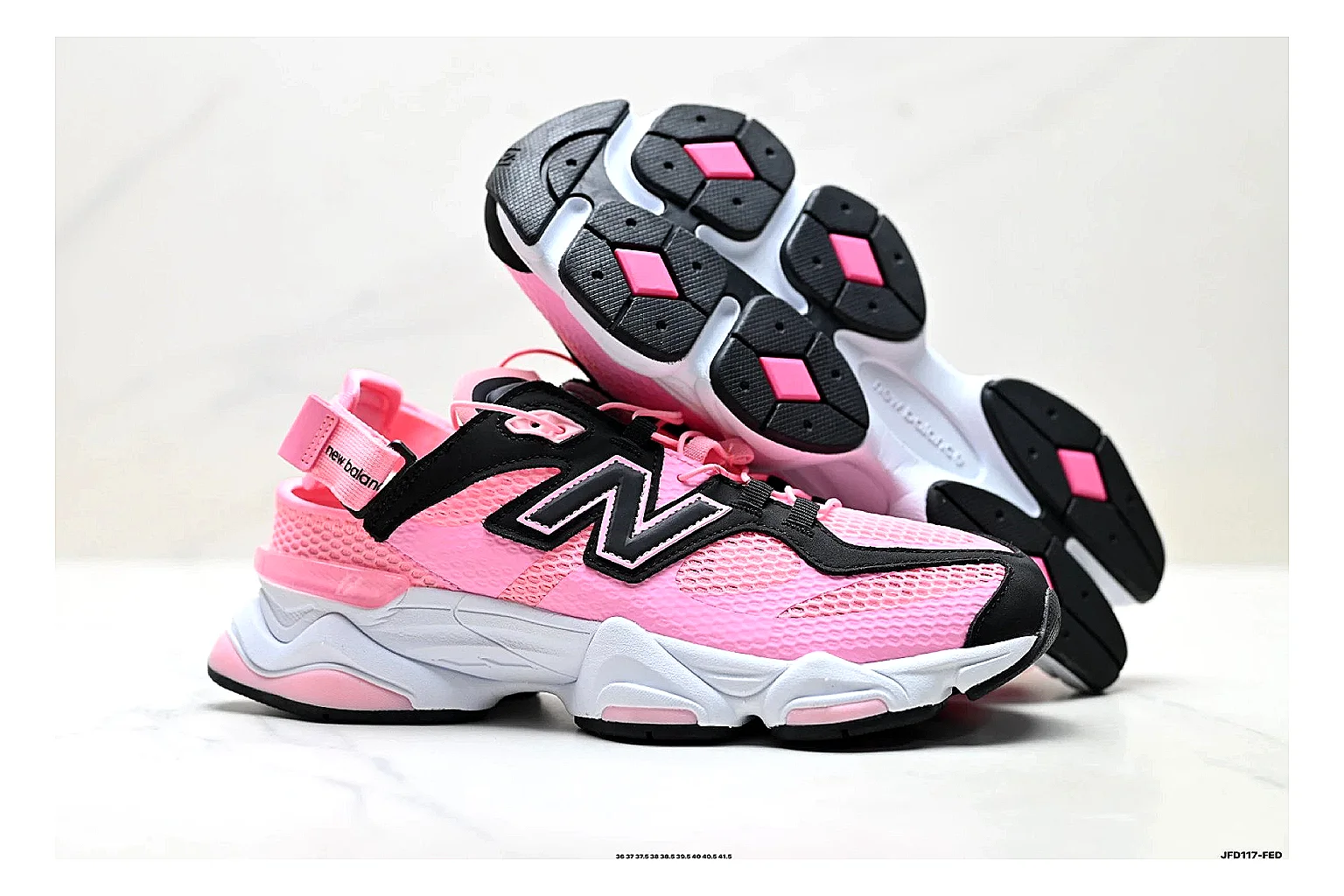 New Balance 9060 Pink Black Sneakers spreadsheet record image with pink black chunky runner sneakers with mesh-leather texture, side-profile shape, upper panel lines, and outsole detail thumbnail 5