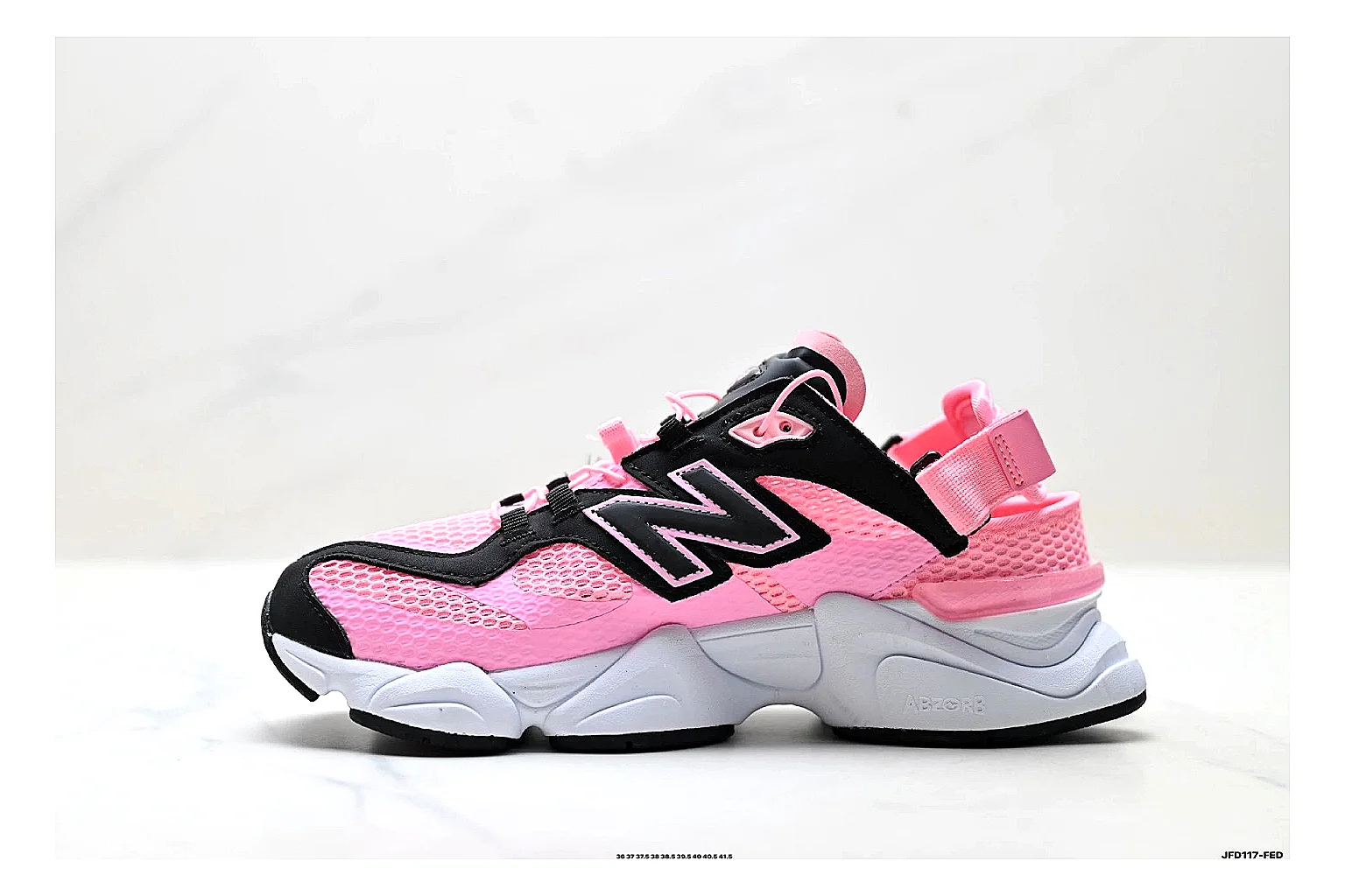 New Balance 9060 Pink Black Sneakers spreadsheet record image with pink black chunky runner sneakers with mesh-leather texture, side-profile shape, upper panel lines, and outsole detail thumbnail 6