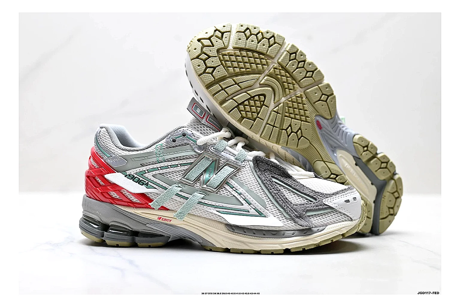 New Balance M1906 Silver Red Sneakers spreadsheet record image with silver red retro runner sneakers with mesh-leather texture, side-profile shape, upper panel lines, and outsole detail thumbnail 5