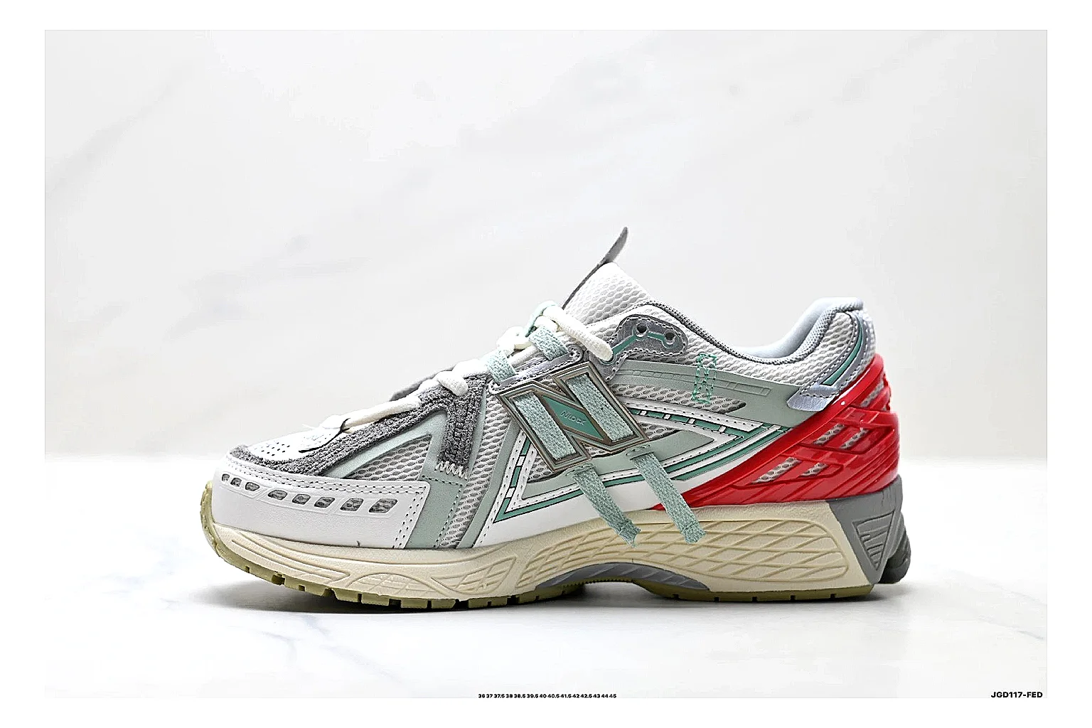 New Balance M1906 Silver Red Sneakers spreadsheet record image with silver red retro runner sneakers with mesh-leather texture, side-profile shape, upper panel lines, and outsole detail thumbnail 6