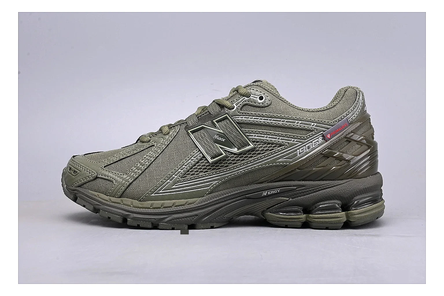 New Balance 1906R Olive Grey Sheetbase record image with grey olive 1906r runner with mixed upper and runner shape