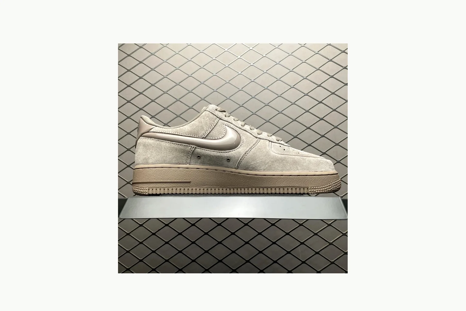 Nike Air Force 1 Beige Sneaker Sheetbase record image with silver beige air force 1 low-top with mixed upper and low top shape