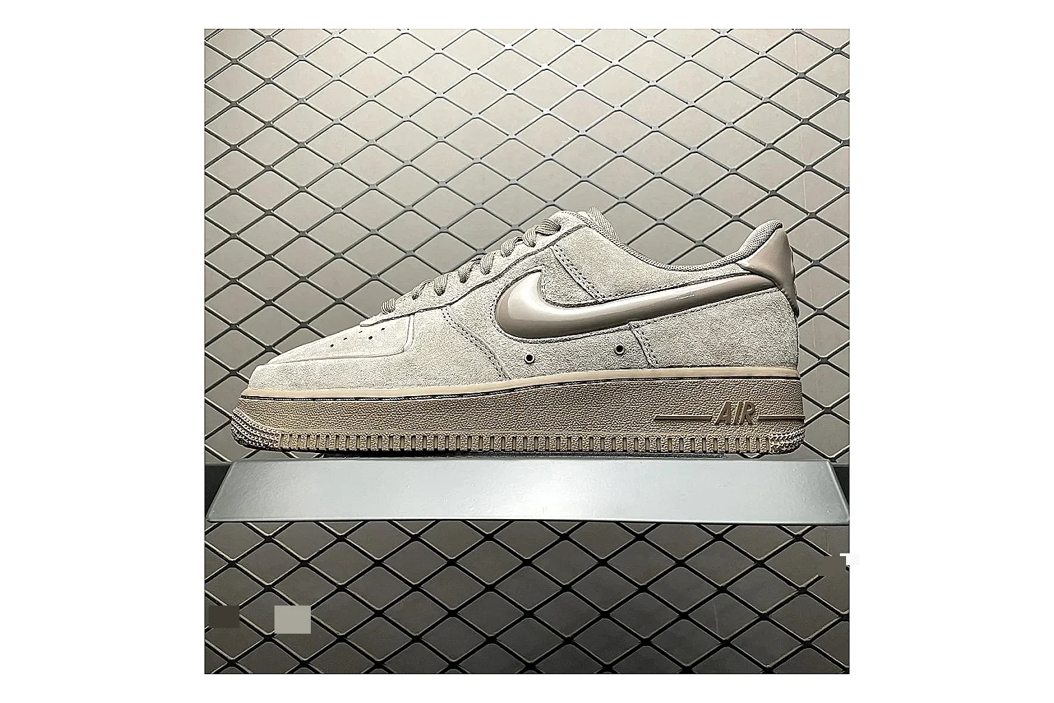 Nike Air Force 1 White Silver Sheetbase record image with white silver air force 1 low-top with mixed upper and low top shape