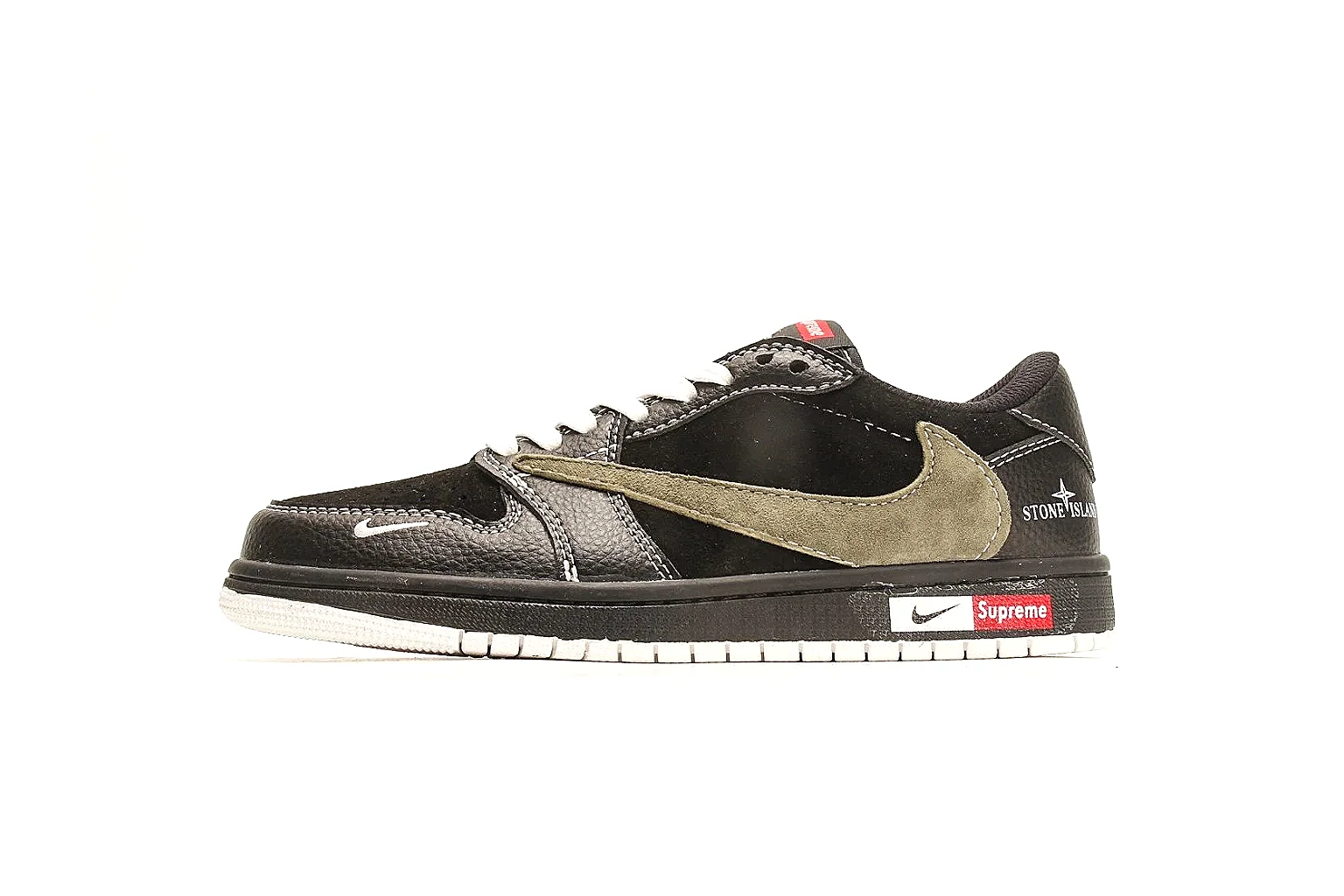 Nike Air Court Connect Black Olive Low Top spreadsheet record photo showing black low-top upper, olive Swoosh, white laces, side text graphics, and red accent details
