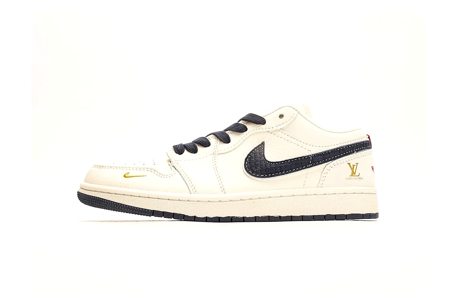 Nike Air Court Cream Navy Low Top spreadsheet record photo showing cream leather upper, navy Swoosh, dark laces, red heel accents, and gold side graphics