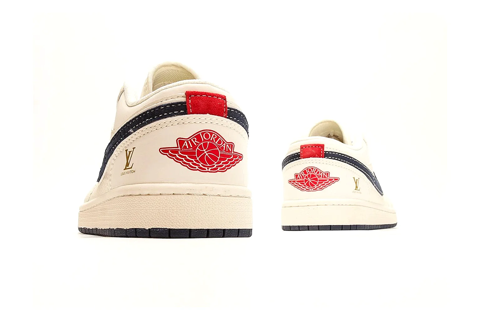 Nike Air Court Cream Navy Low Top spreadsheet record photo showing cream leather upper, navy Swoosh, dark laces, red heel accents, and gold side graphics thumbnail 3