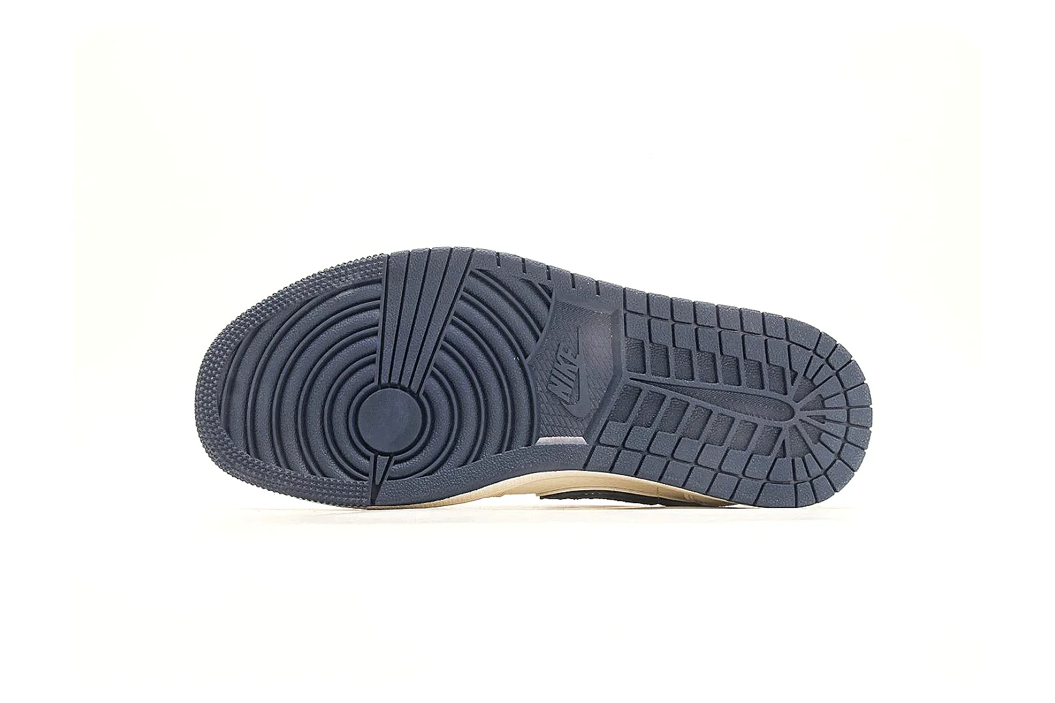 Nike Air Court Cream Navy Low Top spreadsheet record photo showing cream leather upper, navy Swoosh, dark laces, red heel accents, and gold side graphics thumbnail 4