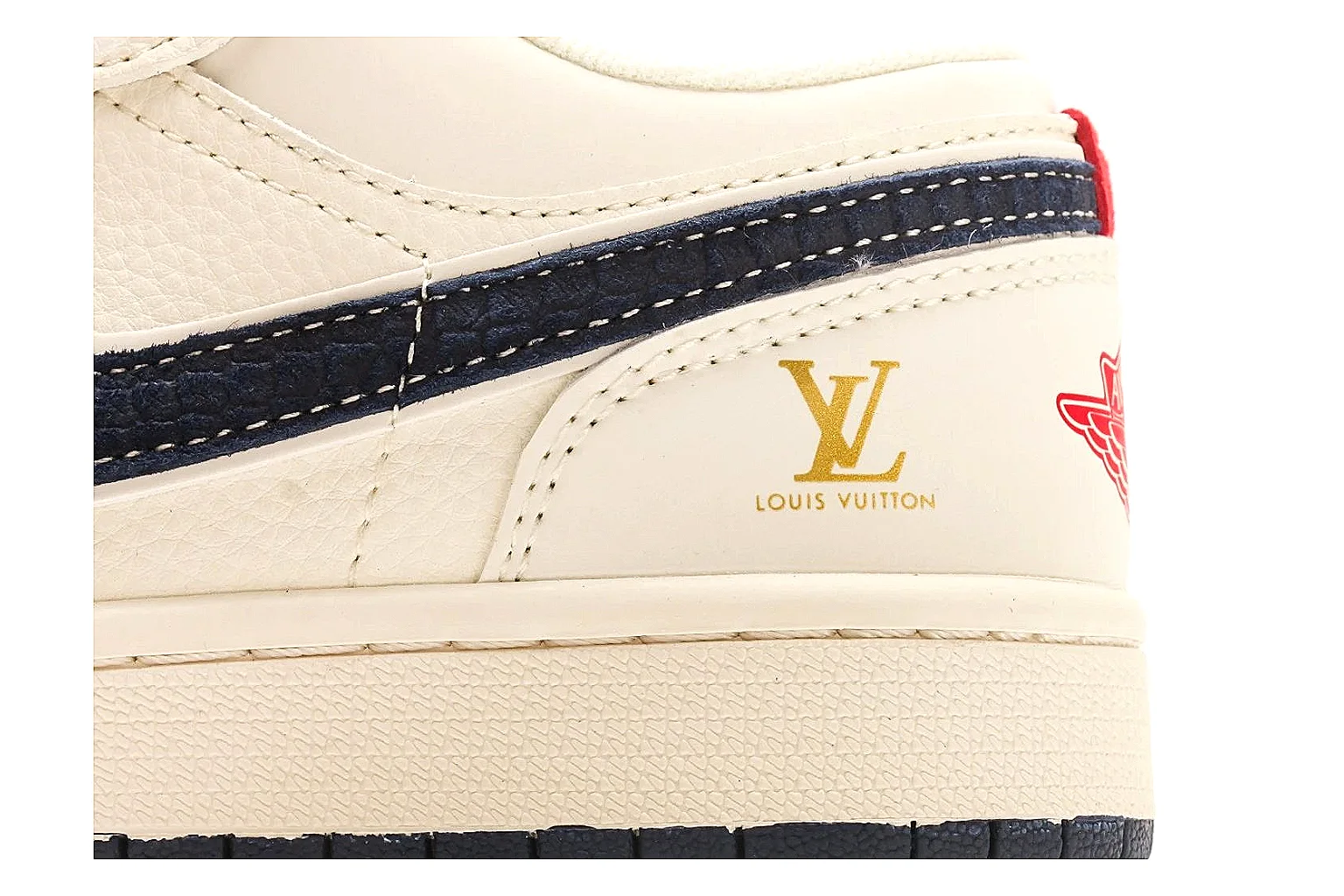Nike Air Court Cream Navy Low Top spreadsheet record photo showing cream leather upper, navy Swoosh, dark laces, red heel accents, and gold side graphics thumbnail 5