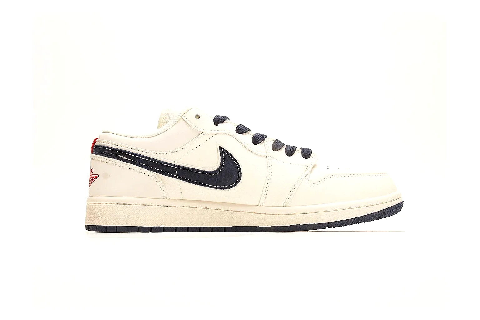 Nike Air Court Cream Navy Low Top spreadsheet record photo showing cream leather upper, navy Swoosh, dark laces, red heel accents, and gold side graphics thumbnail 6