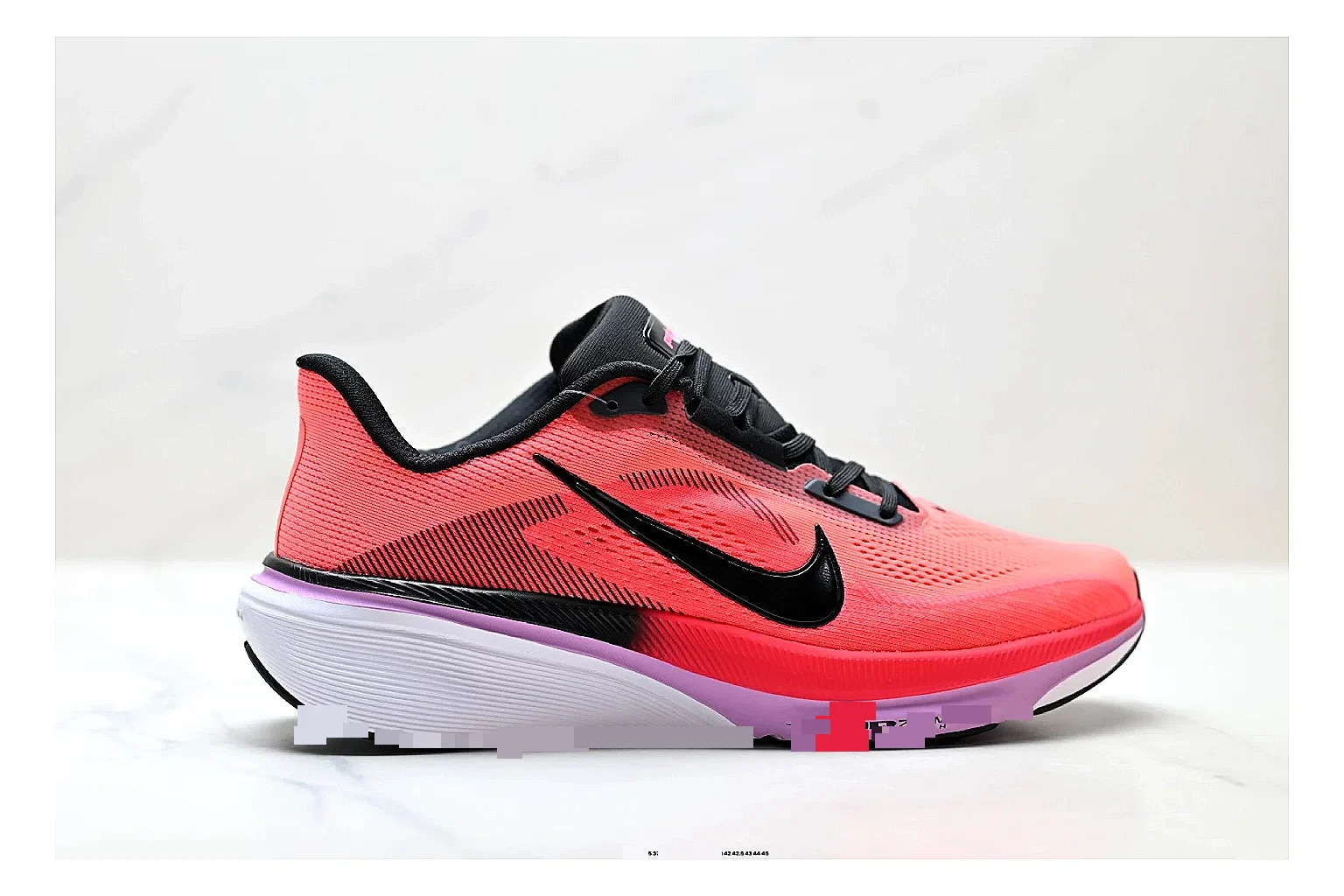 Nike Air Zoom Pegasus Pink Black Sneakers spreadsheet record image with pink black running sneakers with mesh texture, side-profile shape, upper panel lines, and outsole detail