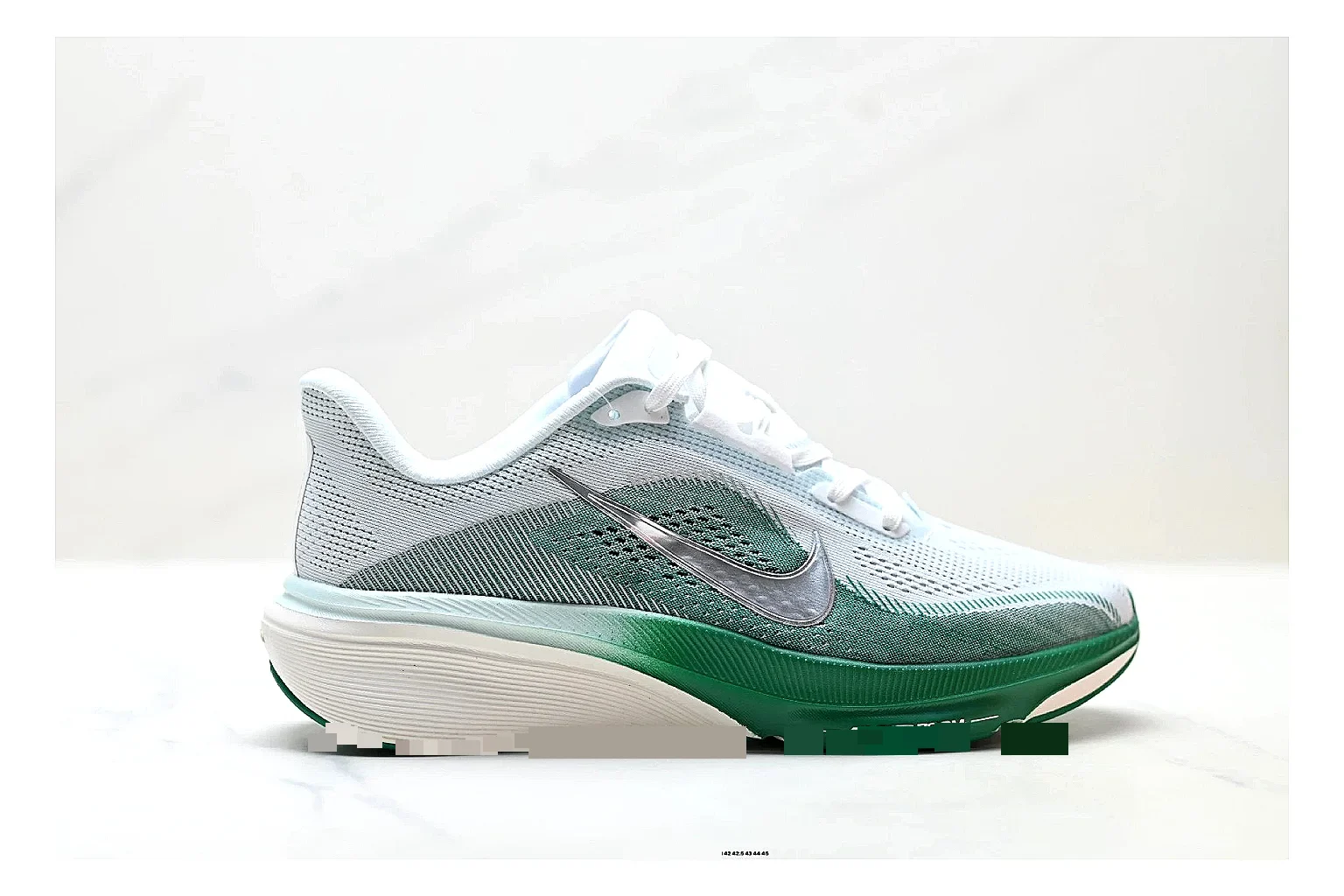 Nike Air Zoom Pegasus White Green Sneakers spreadsheet record image with white green running sneakers with mesh texture, side-profile shape, upper panel lines, and outsole detail