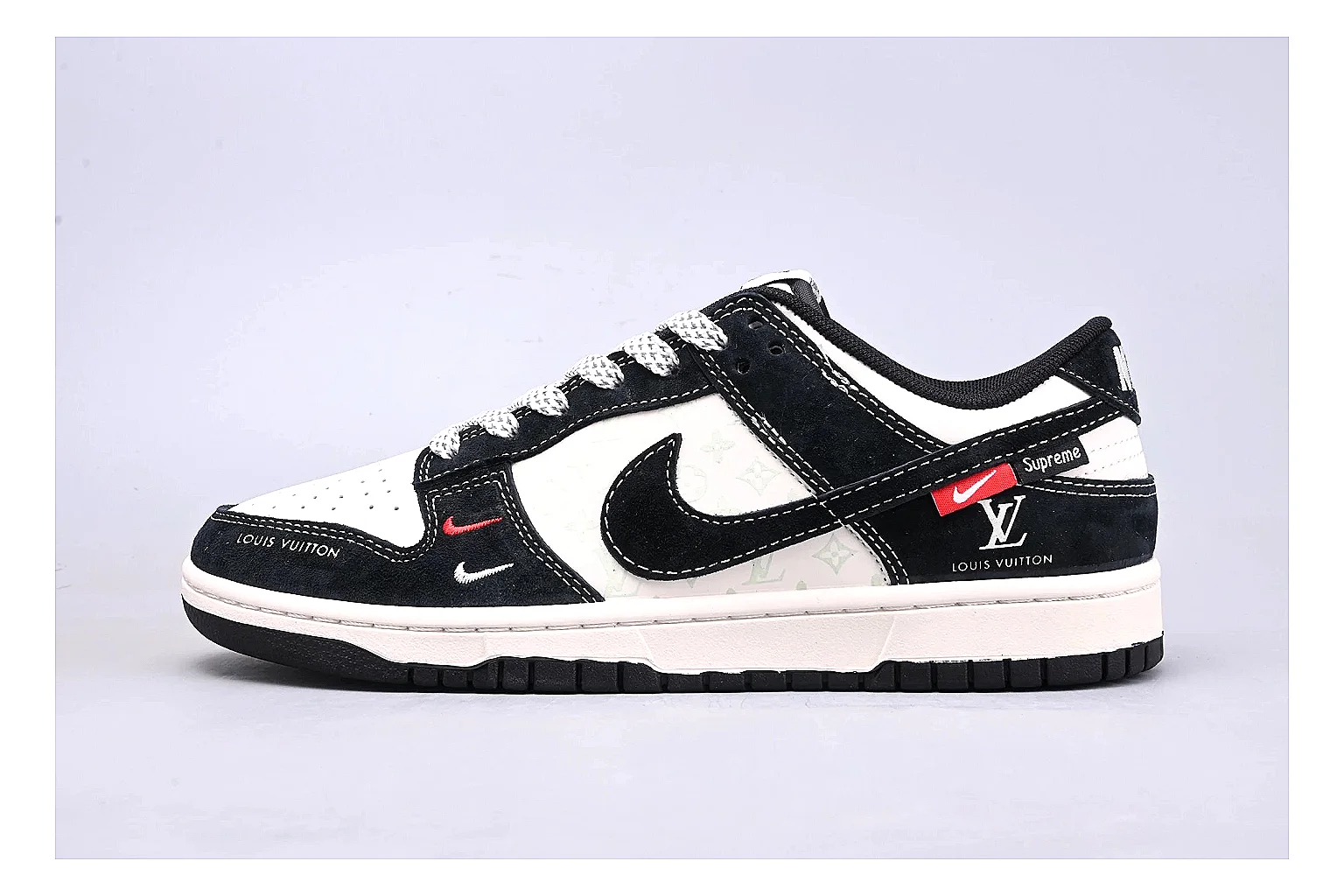 Nike Dunk Low Black White spreadsheet record photo showing black and white leather panels, low Dunk silhouette, padded collar, and basketball-retro sole