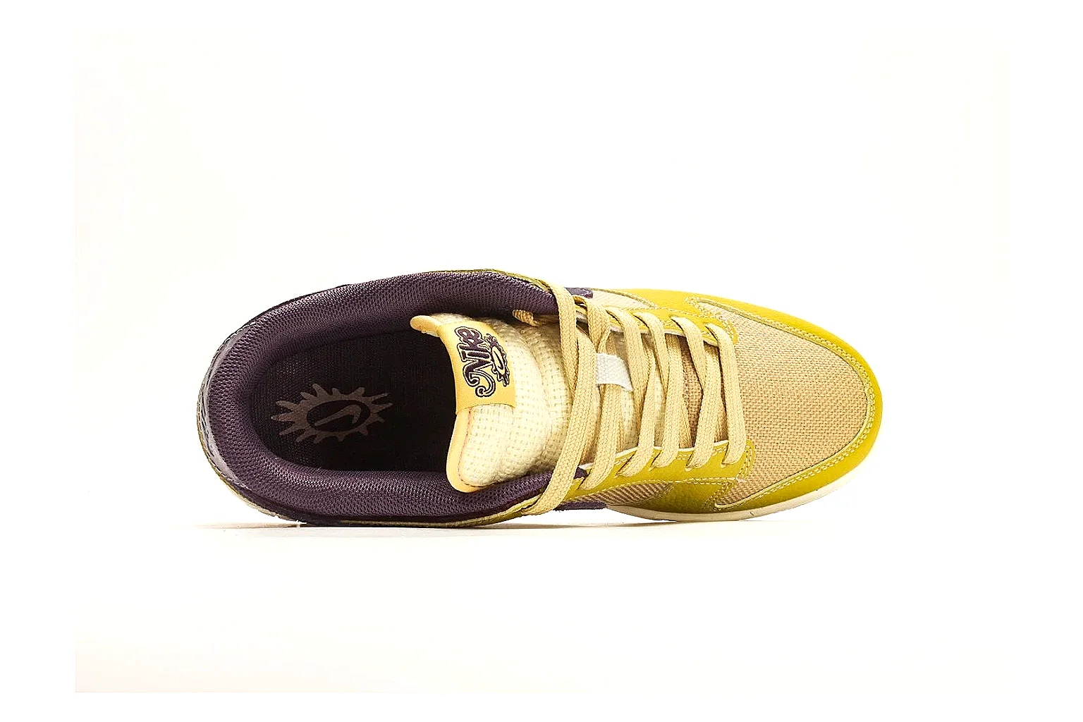 Nike Dunk Low Yellow Purple spreadsheet record photo showing yellow and purple leather panels, dark Swoosh, heel overlay, cream midsole, and brown outsole thumbnail 2