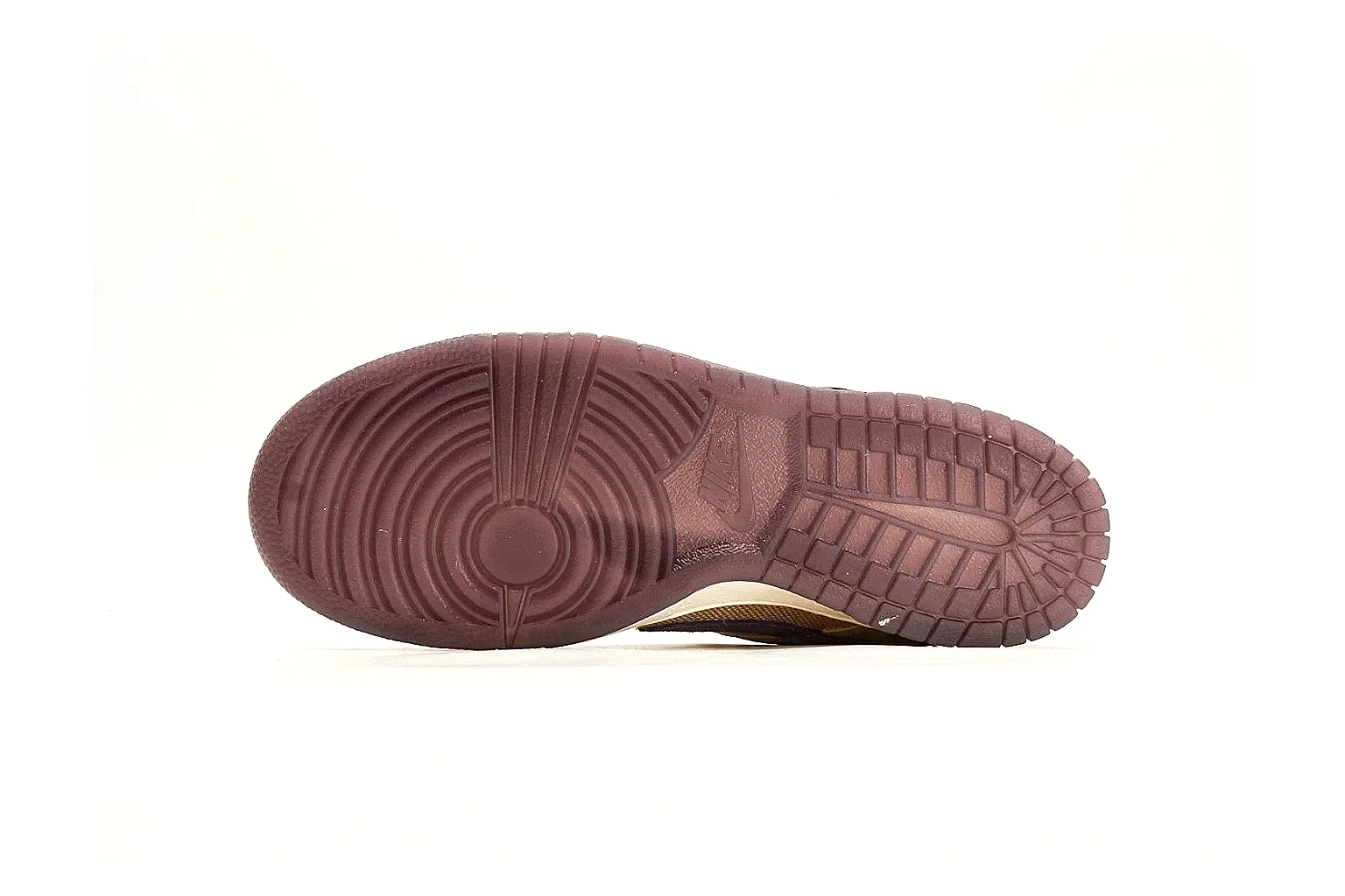 Nike Dunk Low Yellow Purple spreadsheet record photo showing yellow and purple leather panels, dark Swoosh, heel overlay, cream midsole, and brown outsole