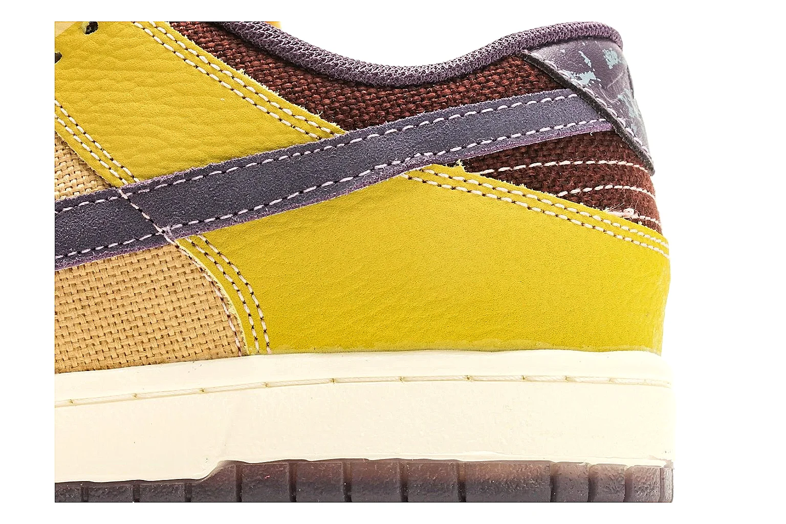 Nike Dunk Low Yellow Purple spreadsheet record photo showing yellow and purple leather panels, dark Swoosh, heel overlay, cream midsole, and brown outsole thumbnail 5
