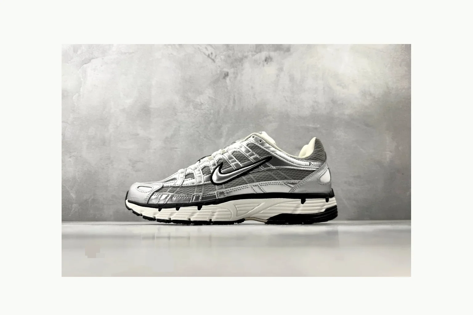 Nike P-6000 Silver Grey Sneaker Sheetbase record image with grey silver p-6000 runner with mixed upper and runner shape