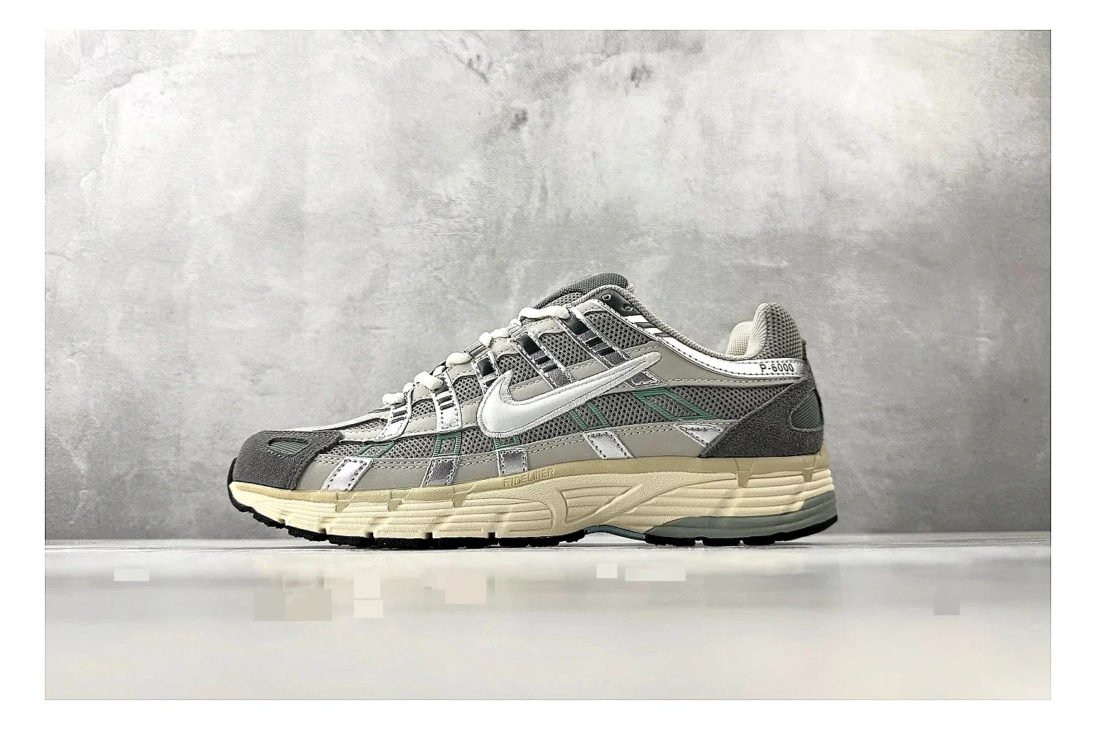 Nike P-6000 White Silver Sneaker Sheetbase record image with white silver p-6000 runner with mixed upper and runner shape